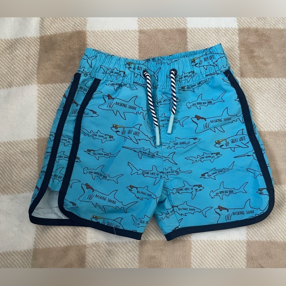 Andy & Evan 2T Shark Print Swim Trunks - Aqua